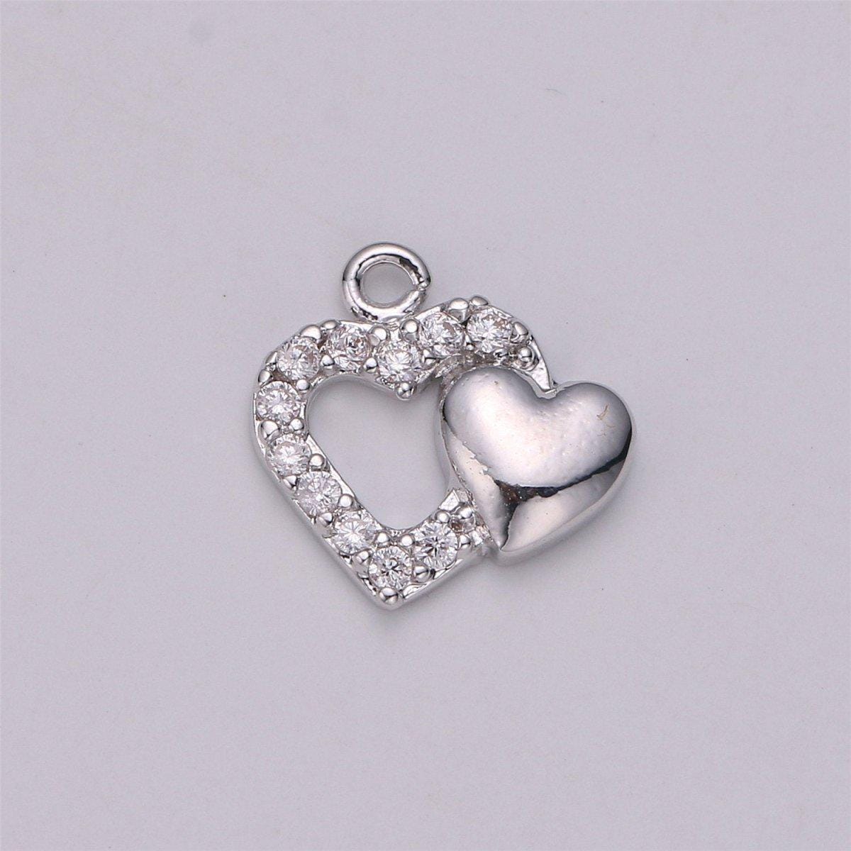 18k Gold Filled Dual Heart Pendant, Two Hearts Charm, Gold Heart Charm Micro Pave Charm C-528
