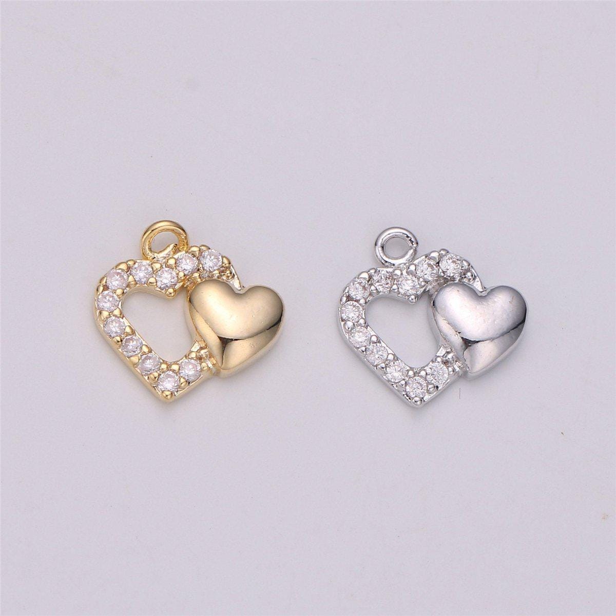 18k Gold Filled Dual Heart Pendant, Two Hearts Charm, Gold Heart Charm Micro Pave Charm C-528