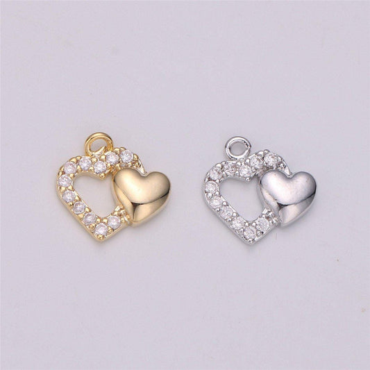 18k Gold Filled Dual Heart Pendant, Two Hearts Charm, Gold Heart Charm Micro Pave Charm C-528