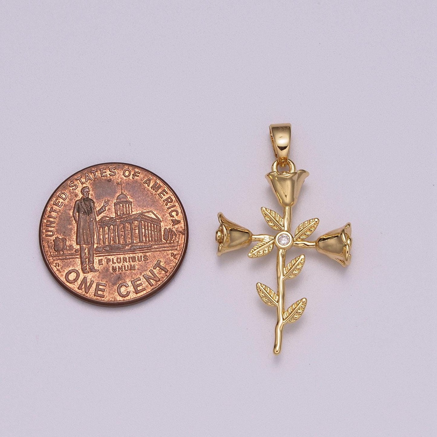 18k gold filled rose flower cross minimalist charm | n1426