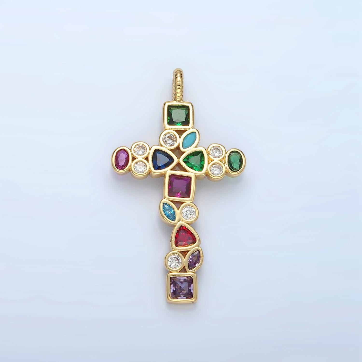 14k gold filled multicolor cz geometric cross pendant For Religious Charm Necklace | I545