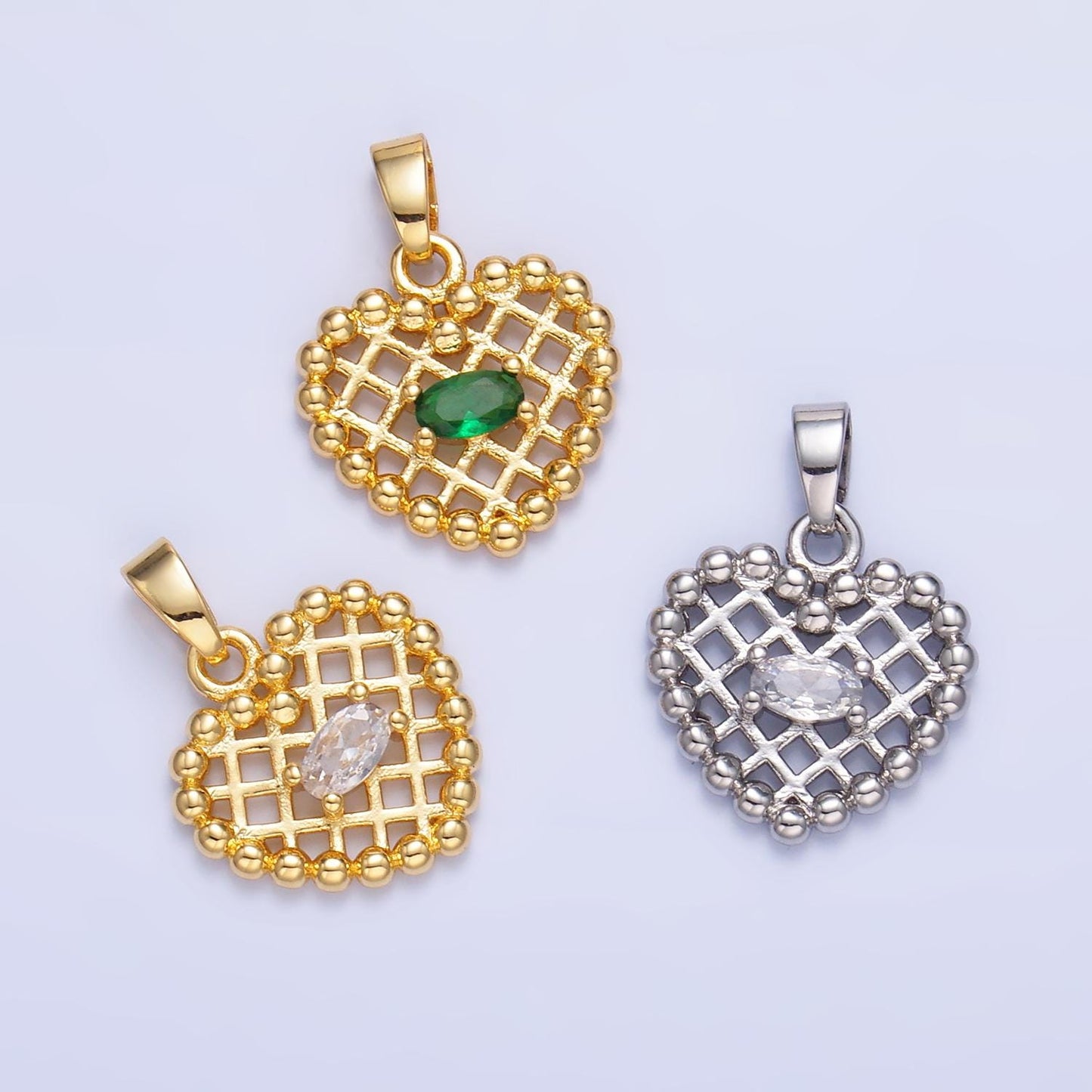 1pc Gold Waffle Heart Beaded Charm Green Cubic Zirconia Love Pendant Charm Bracelet Necklace Charm AA1431