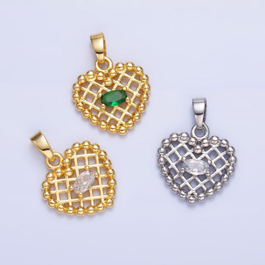 1pc Gold Waffle Heart Beaded Charm Green Cubic Zirconia Love Pendant Charm Bracelet Necklace Charm AA1431