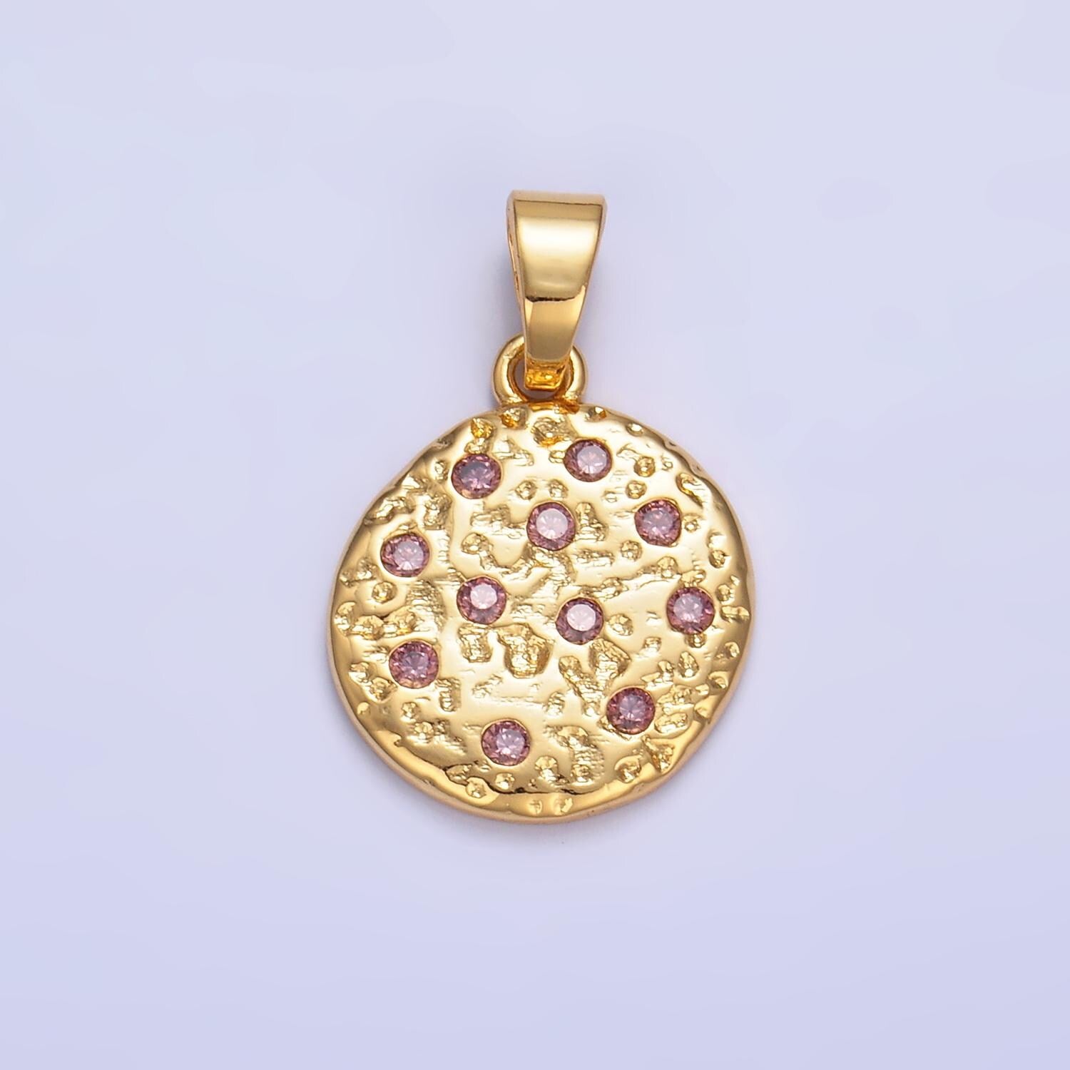 Hammered moon round gold coin charm gold rustic coin pendant size 19.5 x 16.3 mm pendant circle charm with Pink CZ Stone AA1428
