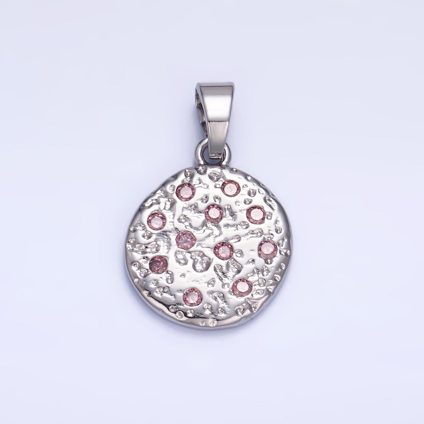 Hammered moon round gold coin charm gold rustic coin pendant size 19.5 x 16.3 mm pendant circle charm with Pink CZ Stone AA1428