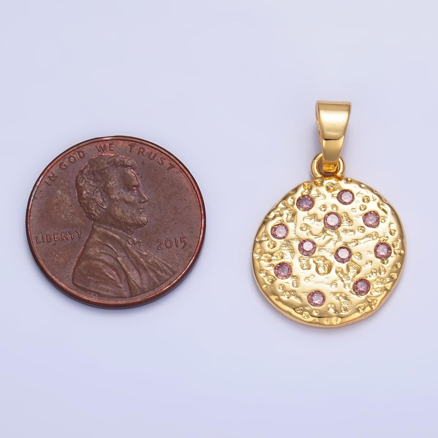 Hammered moon round gold coin charm gold rustic coin pendant size 19.5 x 16.3 mm pendant circle charm with Pink CZ Stone AA1428