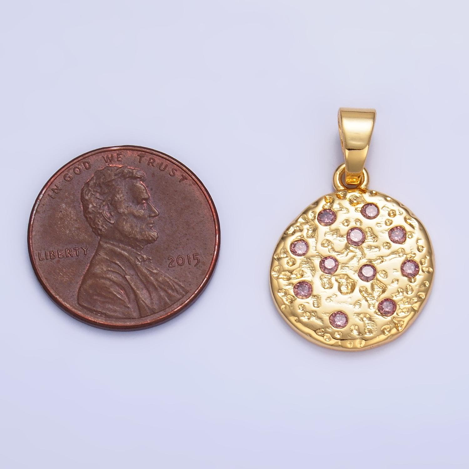 Hammered moon round gold coin charm gold rustic coin pendant size 19.5 x 16.3 mm pendant circle charm with Pink CZ Stone AA1428