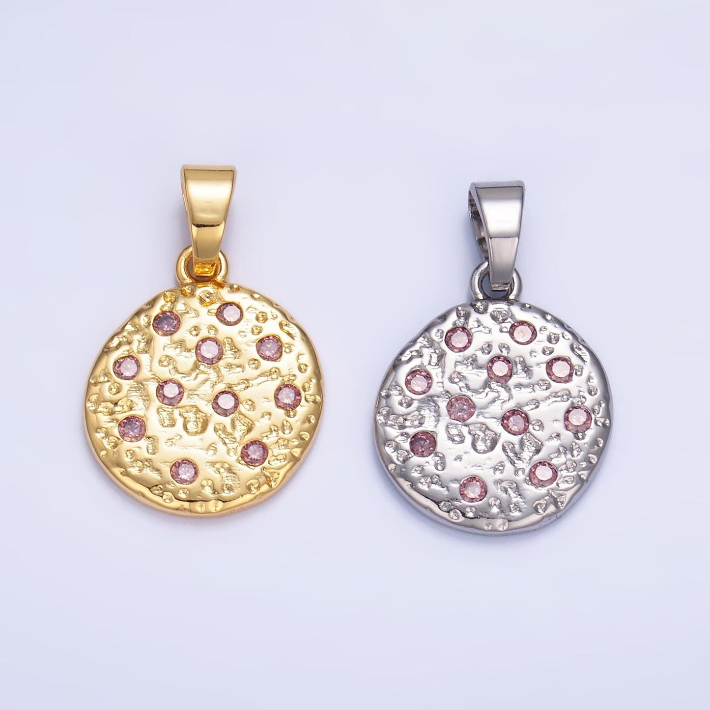 Hammered moon round gold coin charm gold rustic coin pendant size 19.5 x 16.3 mm pendant circle charm with Pink CZ Stone AA1428