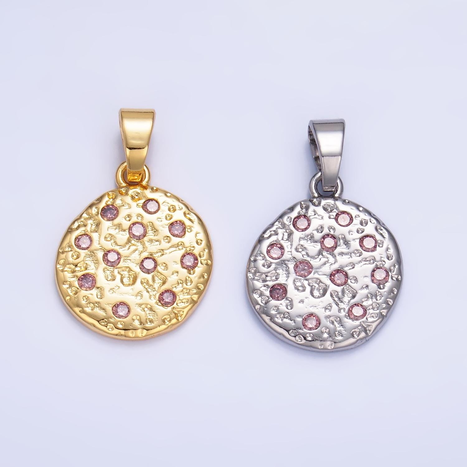 Hammered moon round gold coin charm gold rustic coin pendant size 19.5 x 16.3 mm pendant circle charm with Pink CZ Stone AA1428