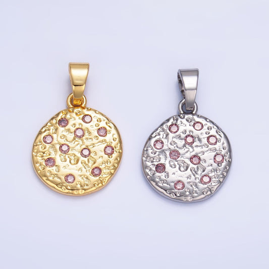 Hammered moon round gold coin charm gold rustic coin pendant size 19.5 x 16.3 mm pendant circle charm with Pink CZ Stone AA1428