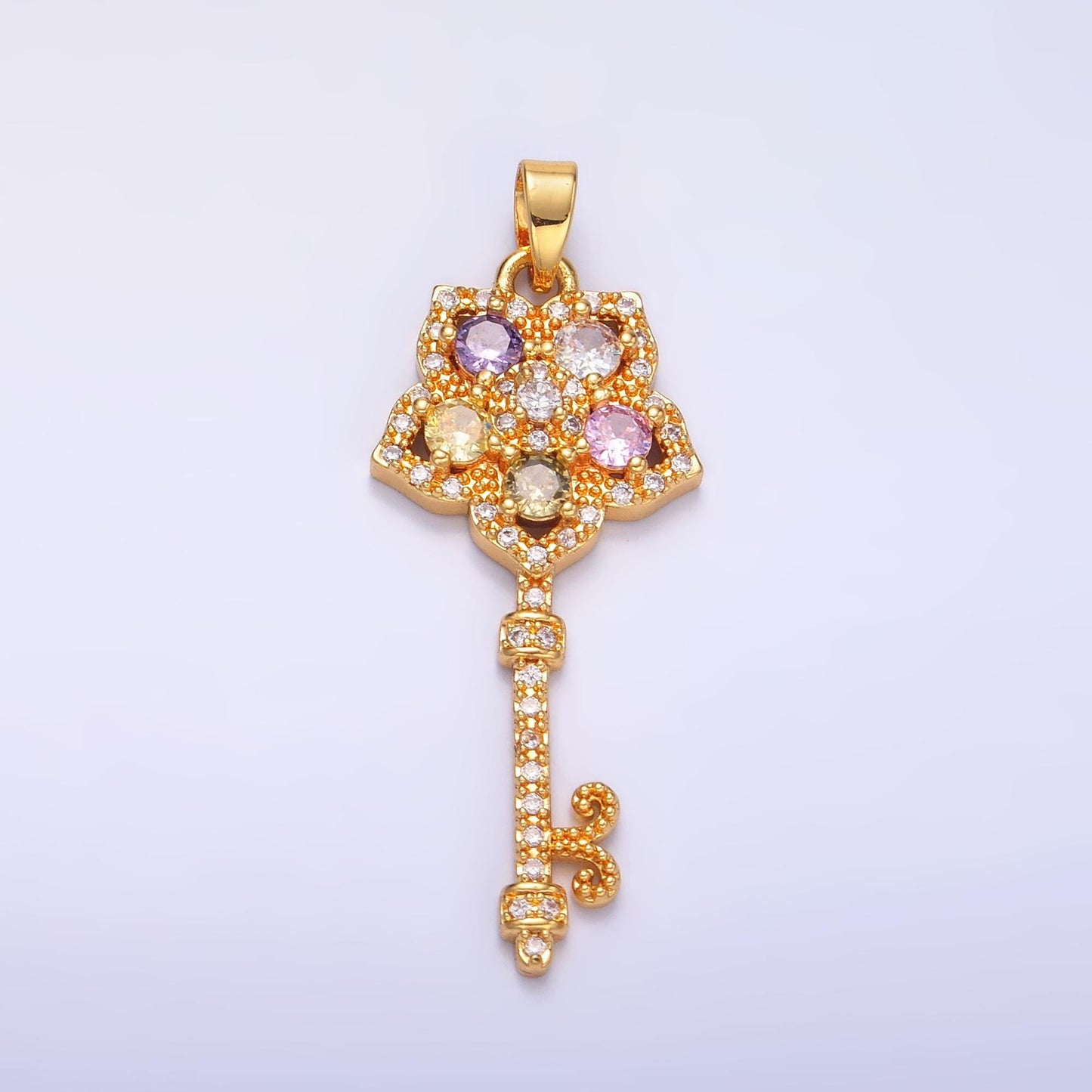 Colorful Cubic Flower Key Charm Micro Pave CZ Pendant For Jewelry Necklace Making AA779