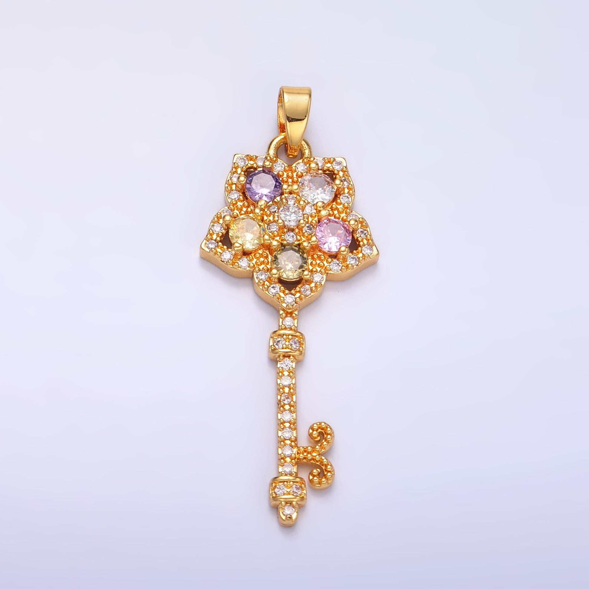 Colorful Cubic Flower Key Charm Micro Pave CZ Pendant For Jewelry Necklace Making AA779