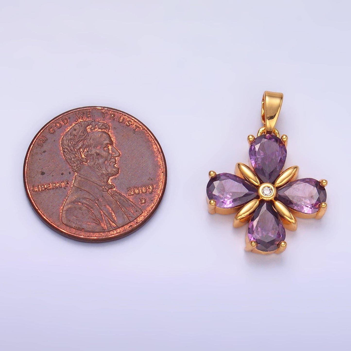Gold Floral Charm with amethyst purple cubic zirconia cz, flower pendant for jewelry necklace making AA1433