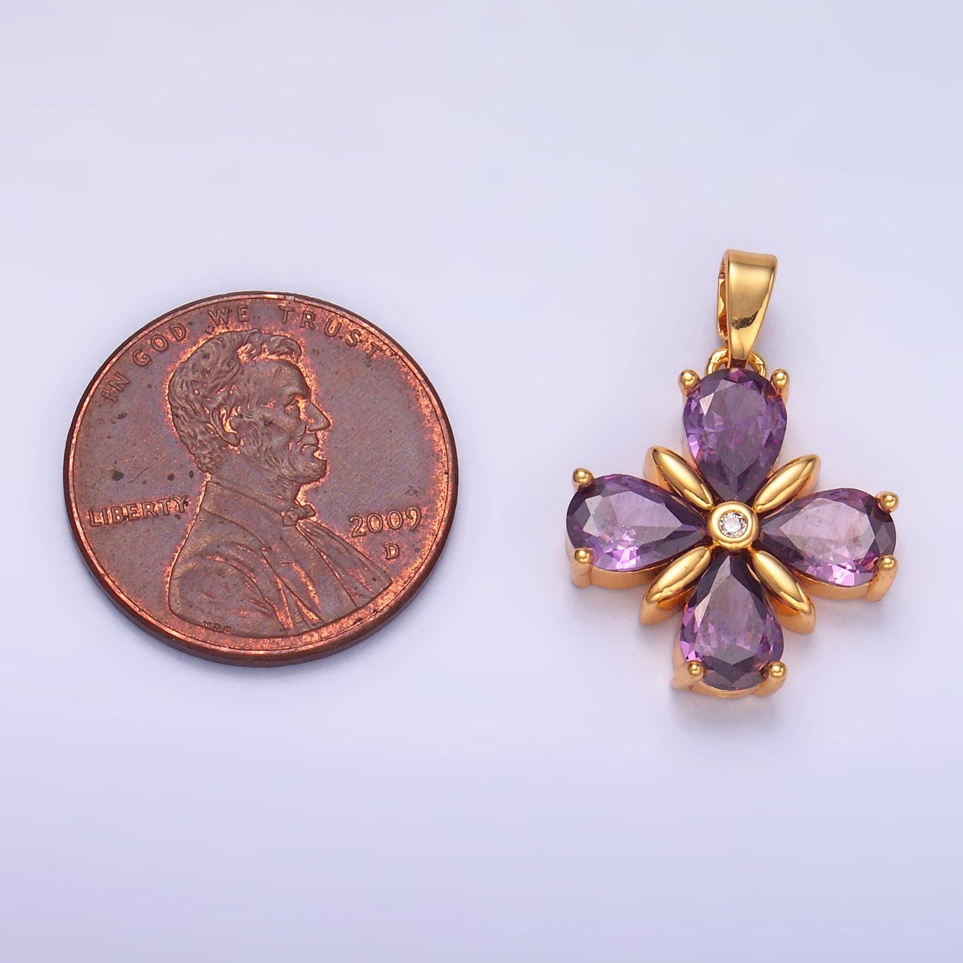 Gold Floral Charm with amethyst purple cubic zirconia cz, flower pendant for jewelry necklace making AA1433