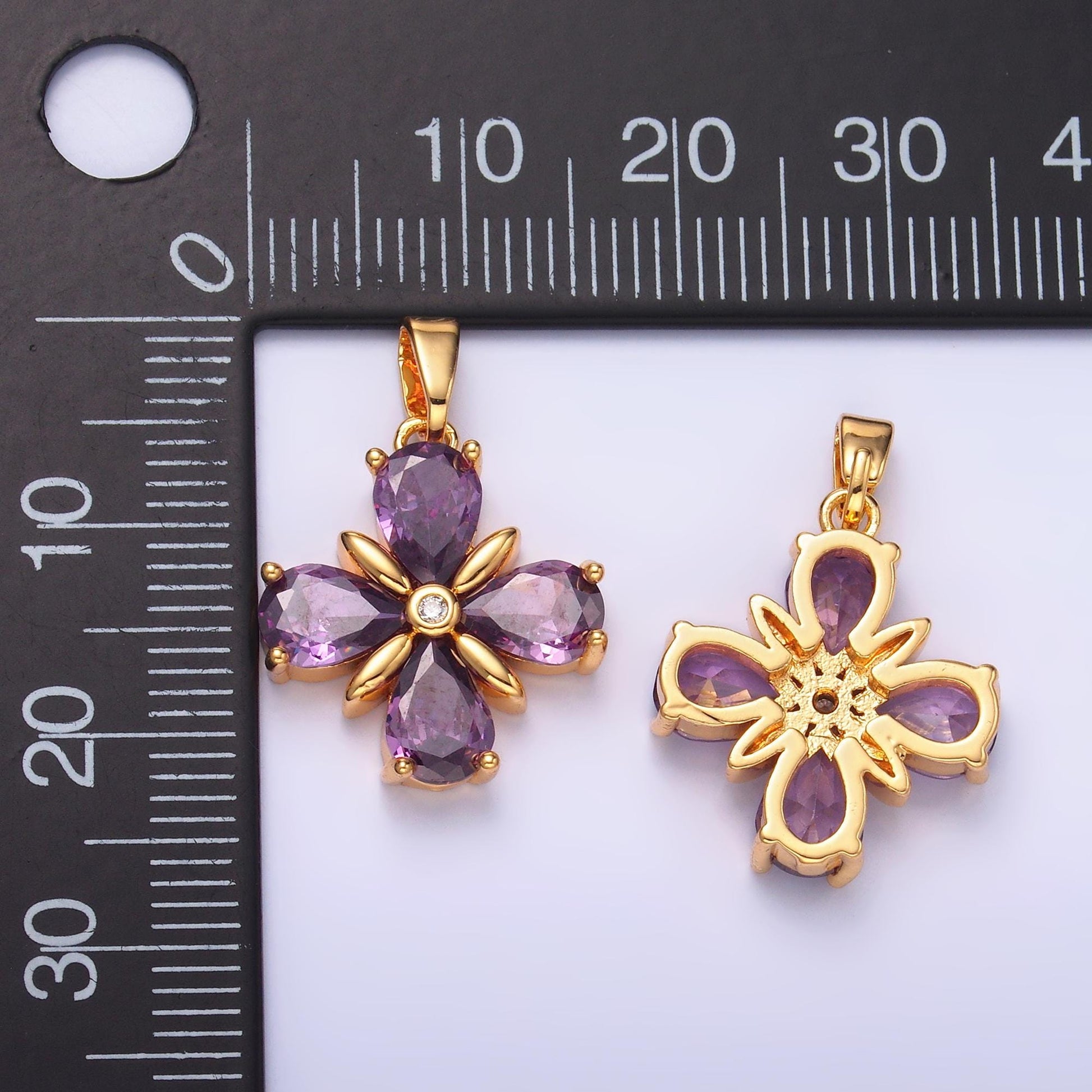 Gold Floral Charm with amethyst purple cubic zirconia cz, flower pendant for jewelry necklace making AA1433