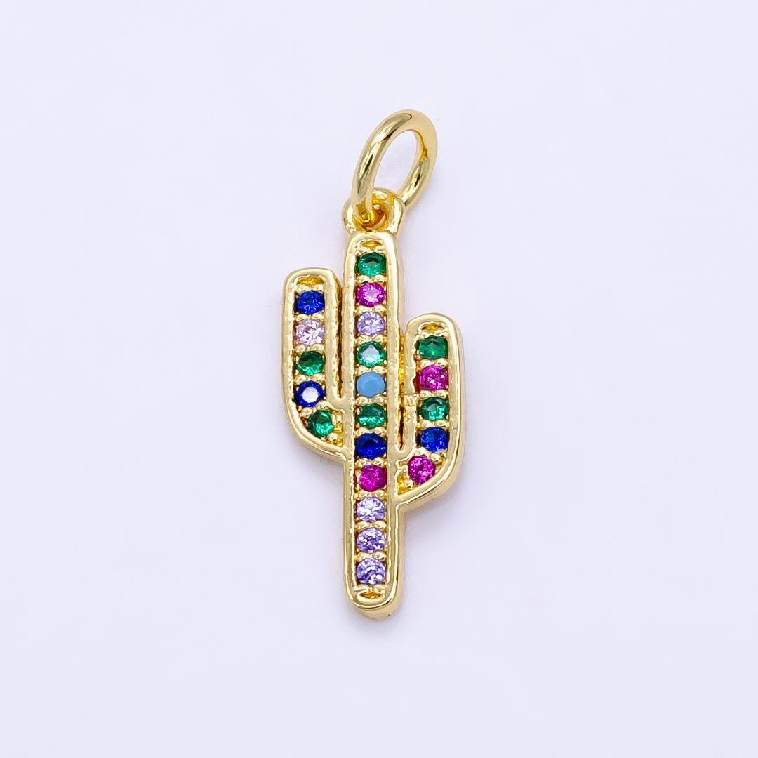 24K Gold Thin Cactus Colored/Clear Micro Pave CZ Clear Stone Pendant, Add on Charm Crystal Cz for Necklace Bracelet Supply | X-036, X-037