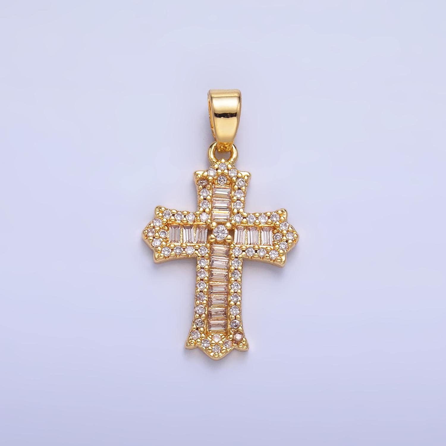 Dainty Gold Filled Cross Charm Clear Baguette CZ Pendant for Religious jewelry Making Supply | AA1329