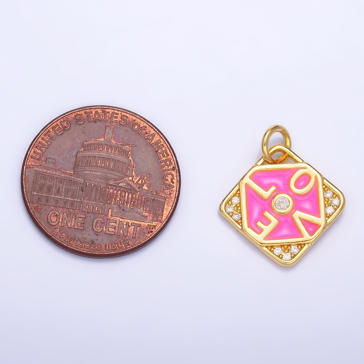 Pink Enamel Gold Love Charm- Geometric Charm Pendant Drop Charm for Necklace Bracelet Love Jewelry Colorful Charm W432