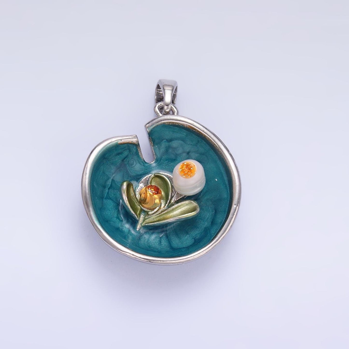 24K Gold Filled Water Lily Flower Arrangement Pearl Enamel Charm in Gold & Silver | AA1424