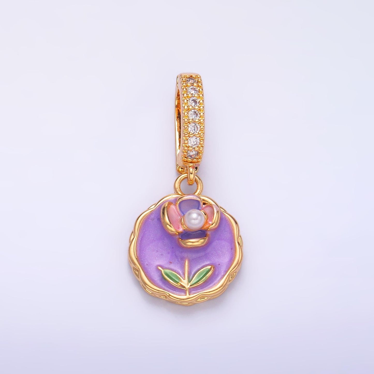 24K Gold Filled Green, Purple, Pink Daisy Flower Micro Paved CZ Snap Bail Pendant | AA1442 AA1443
