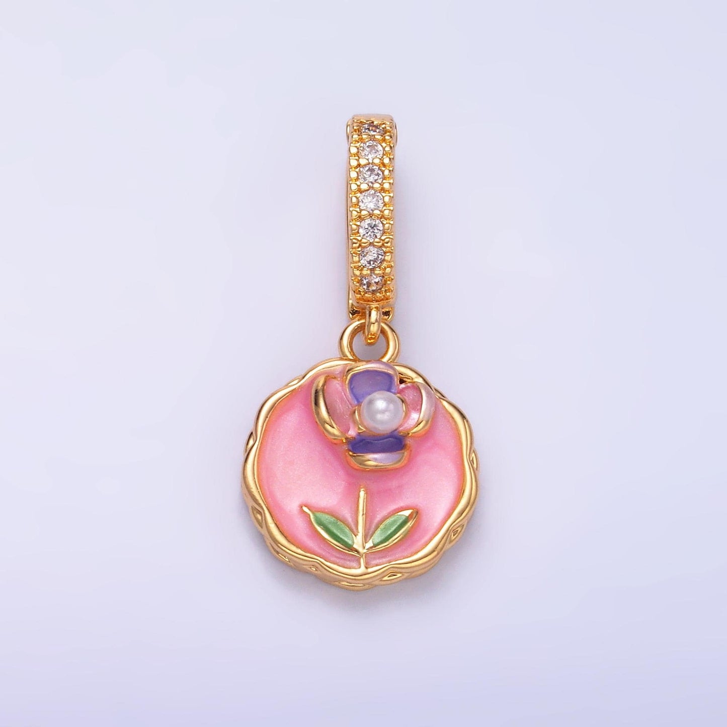 24K Gold Filled Green, Purple, Pink Daisy Flower Micro Paved CZ Snap Bail Pendant | AA1442 AA1443