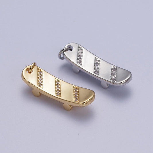 18k Gold Filled Skate board pave charm Silver board cubic zirconia pendant 23x7mm Sport jewelry outdoor activity inspired E525