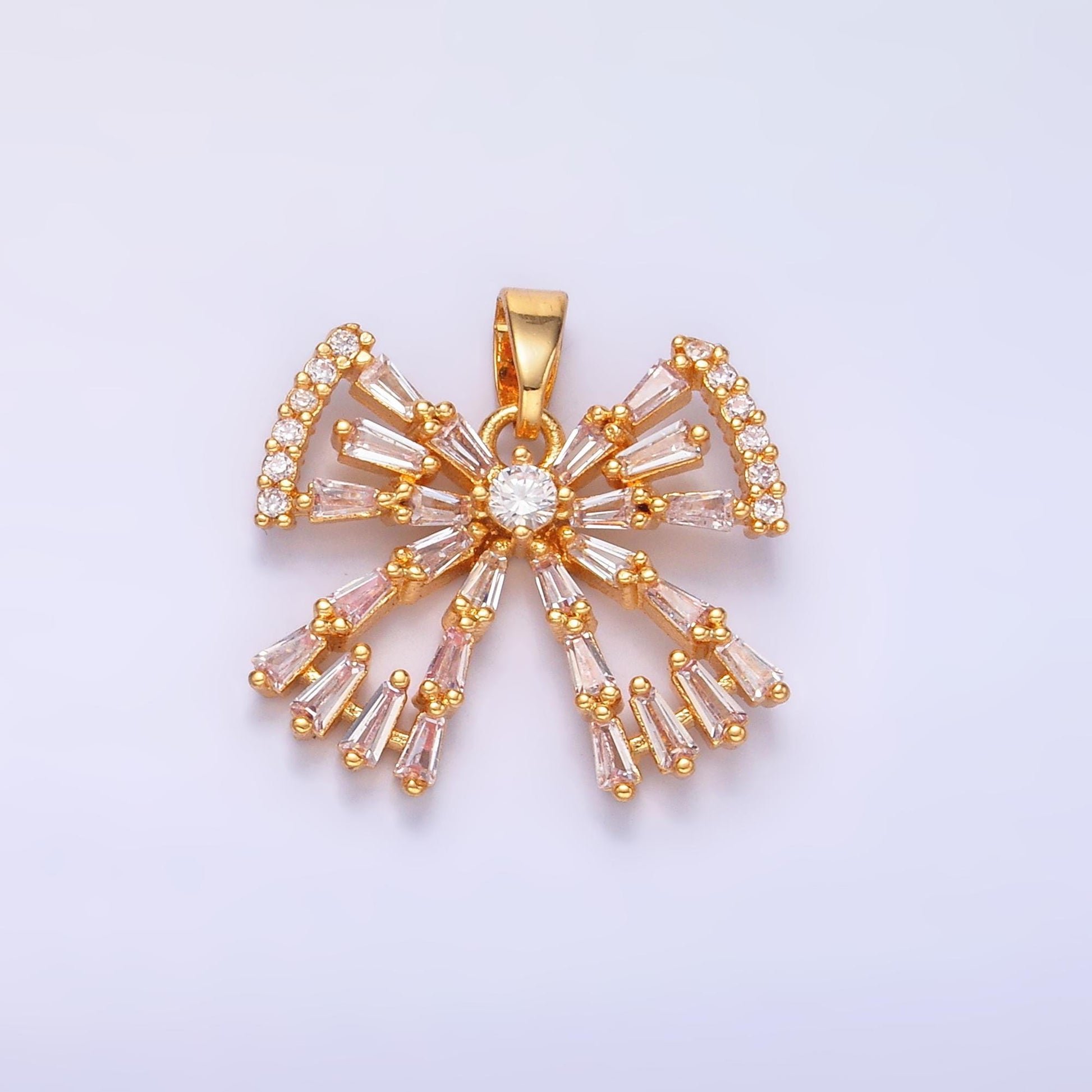 24k gold filled micro paved cz baguette ribbon Charm bow pendant in gold | AA1437