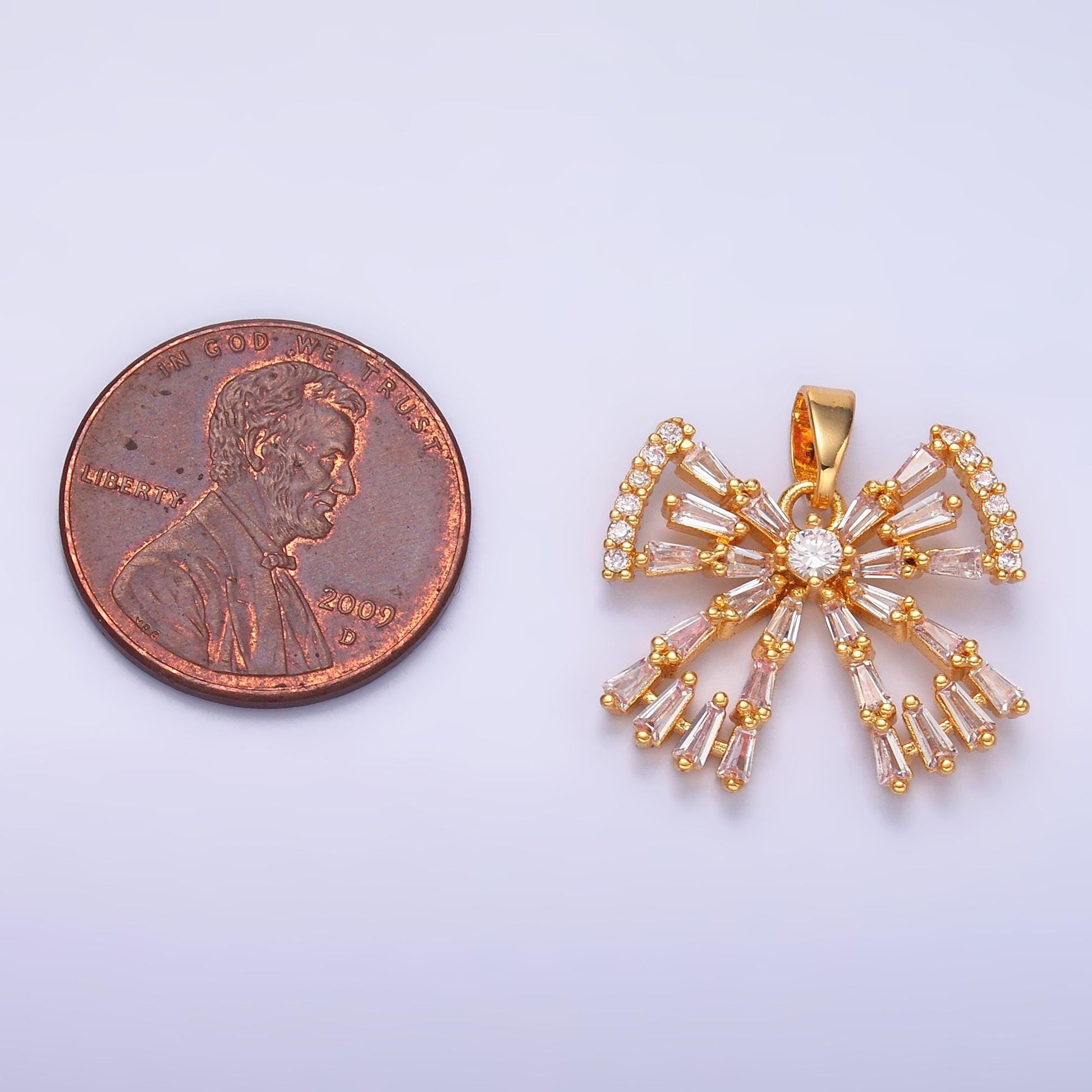 24k gold filled micro paved cz baguette ribbon Charm bow pendant in gold | AA1437