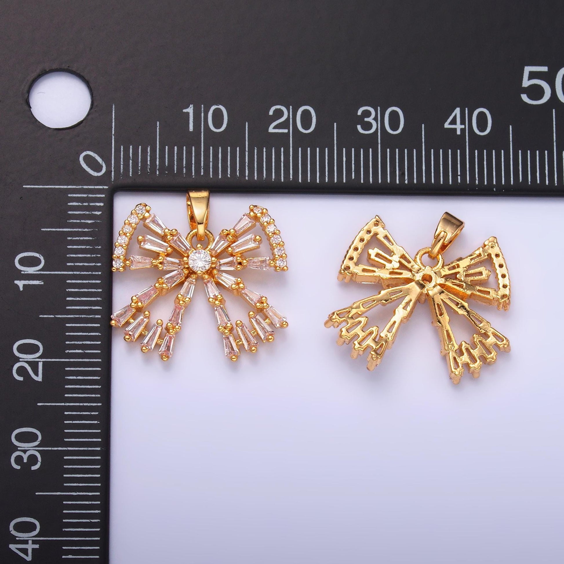 24k gold filled micro paved cz baguette ribbon Charm bow pendant in gold | AA1437