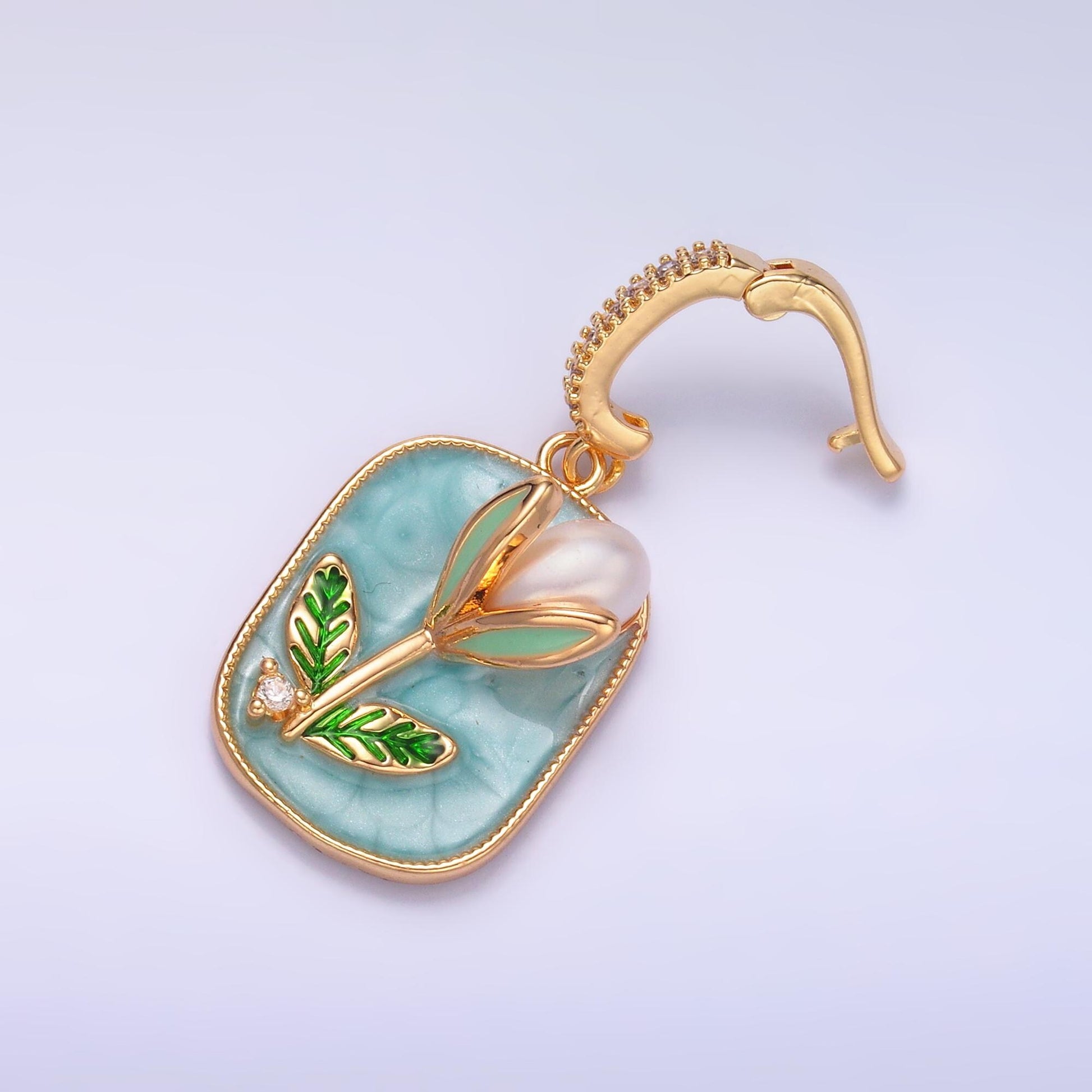 24K Gold Filled Enamel Tulip Flower Pearl Floral Bud Charm in Gold With Enhanced Clasp | AA1444