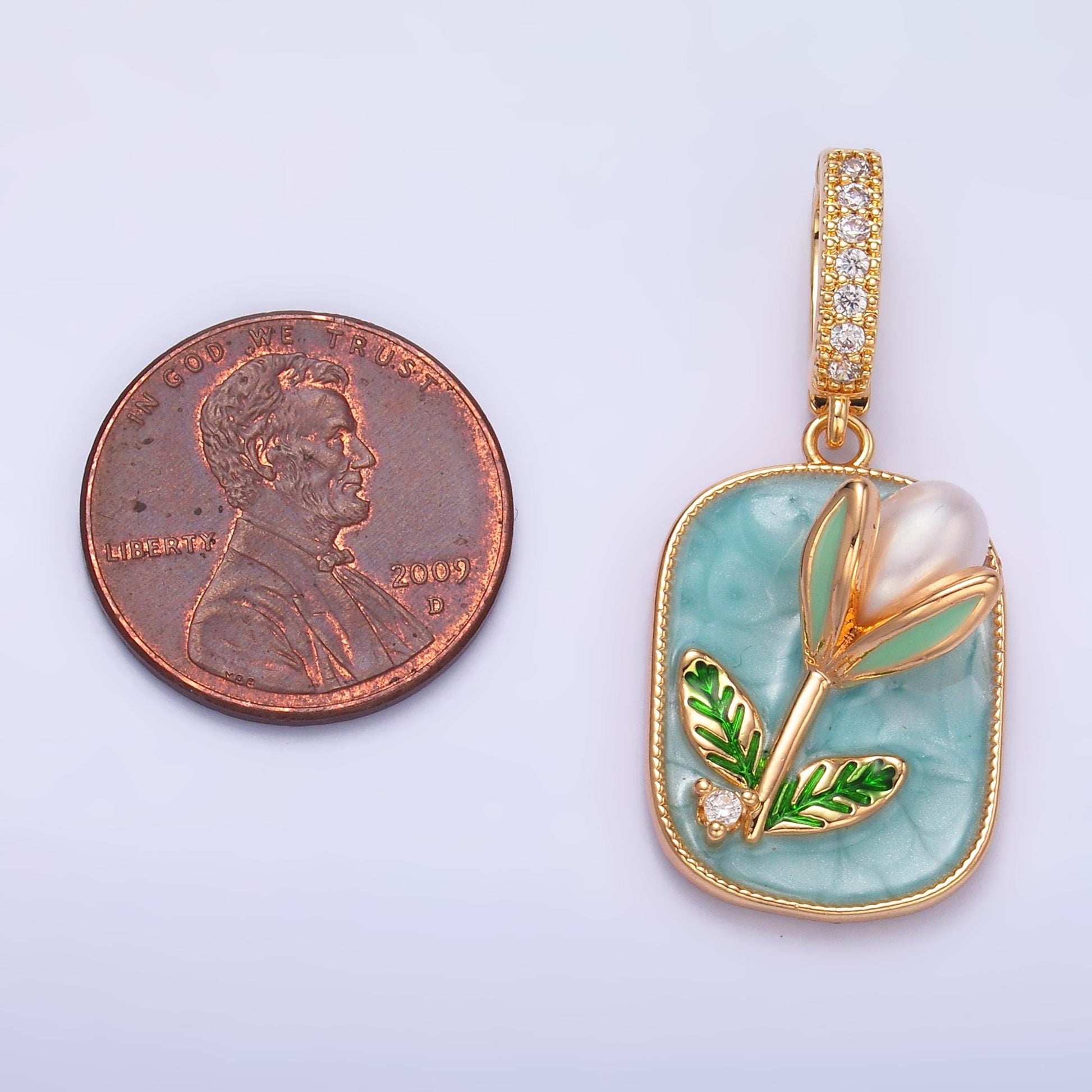 24K Gold Filled Enamel Tulip Flower Pearl Floral Bud Charm in Gold With Enhanced Clasp | AA1444