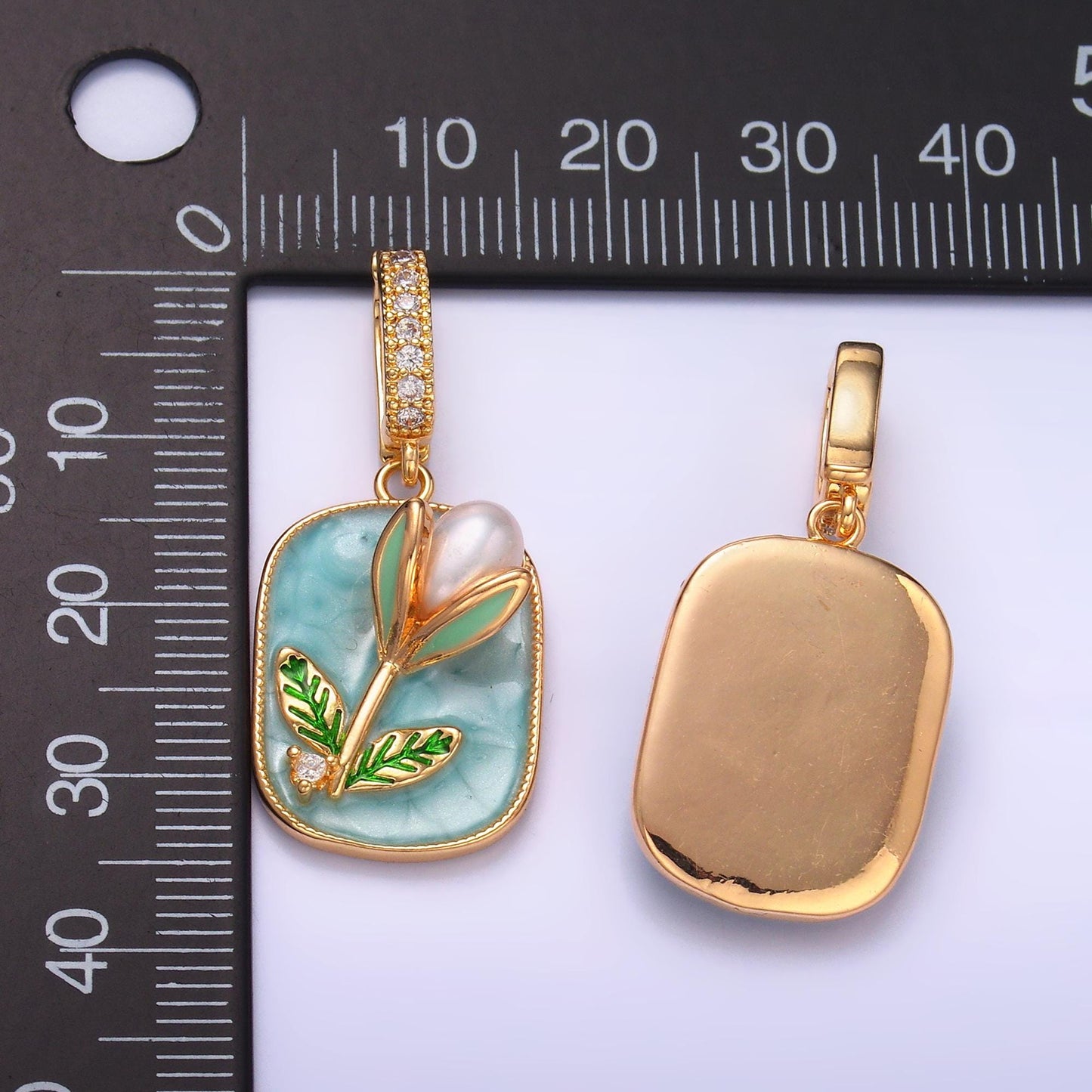 24K Gold Filled Enamel Tulip Flower Pearl Floral Bud Charm in Gold With Enhanced Clasp | AA1444