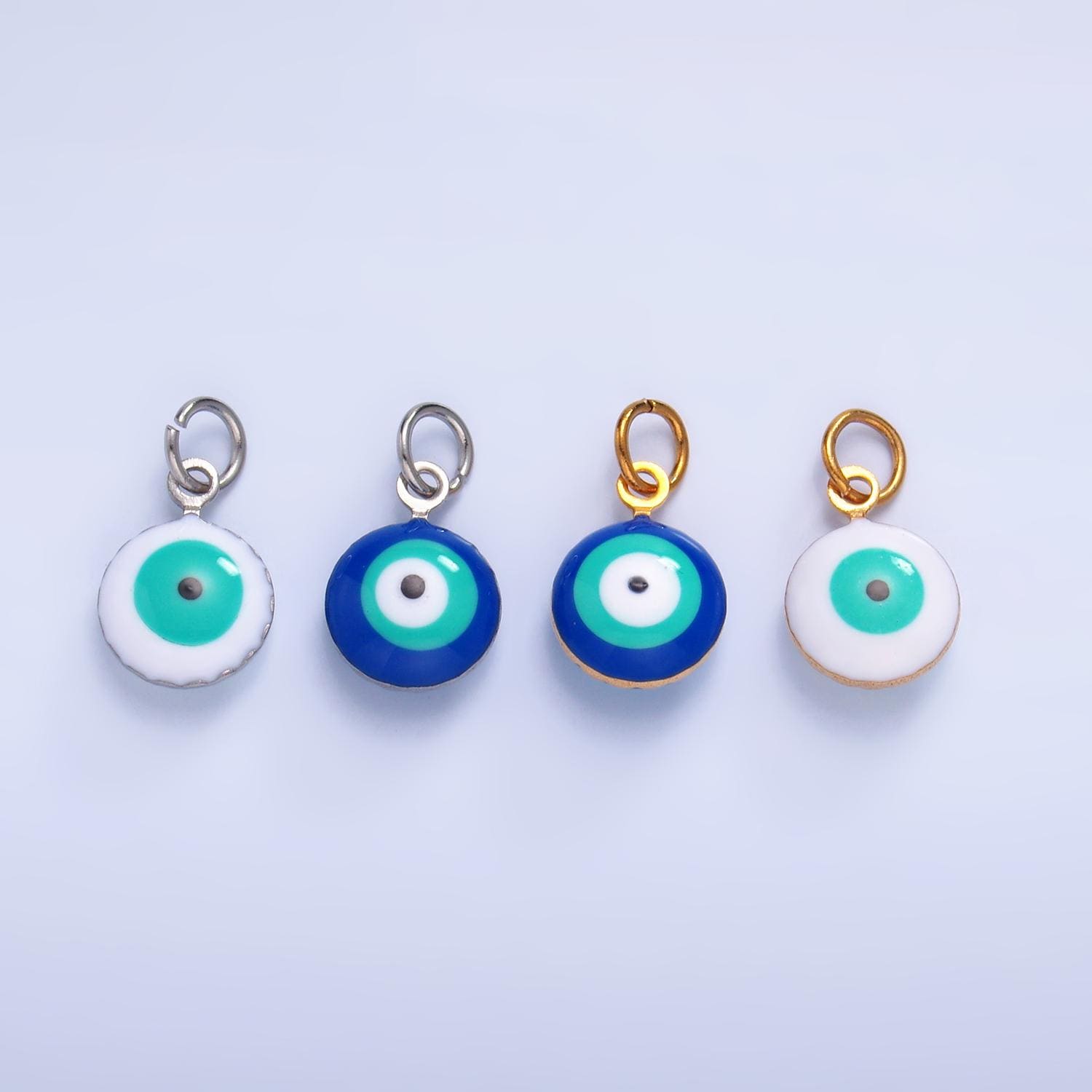 Double Sided Gold Stainless Steel white, blue evil eye enamel 8mm round charm | P729