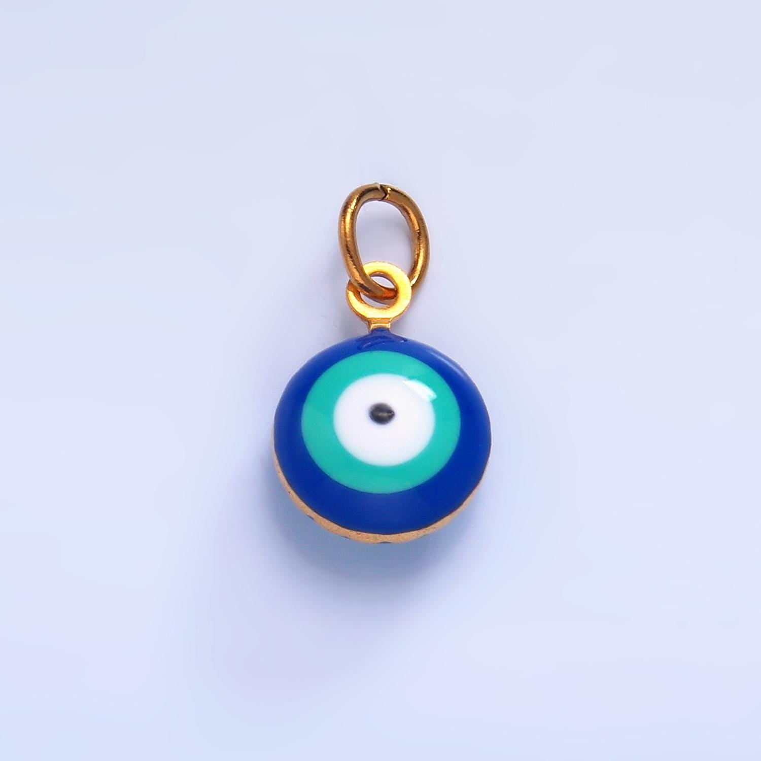 Double Sided Gold Stainless Steel white, blue evil eye enamel 8mm round charm | P729