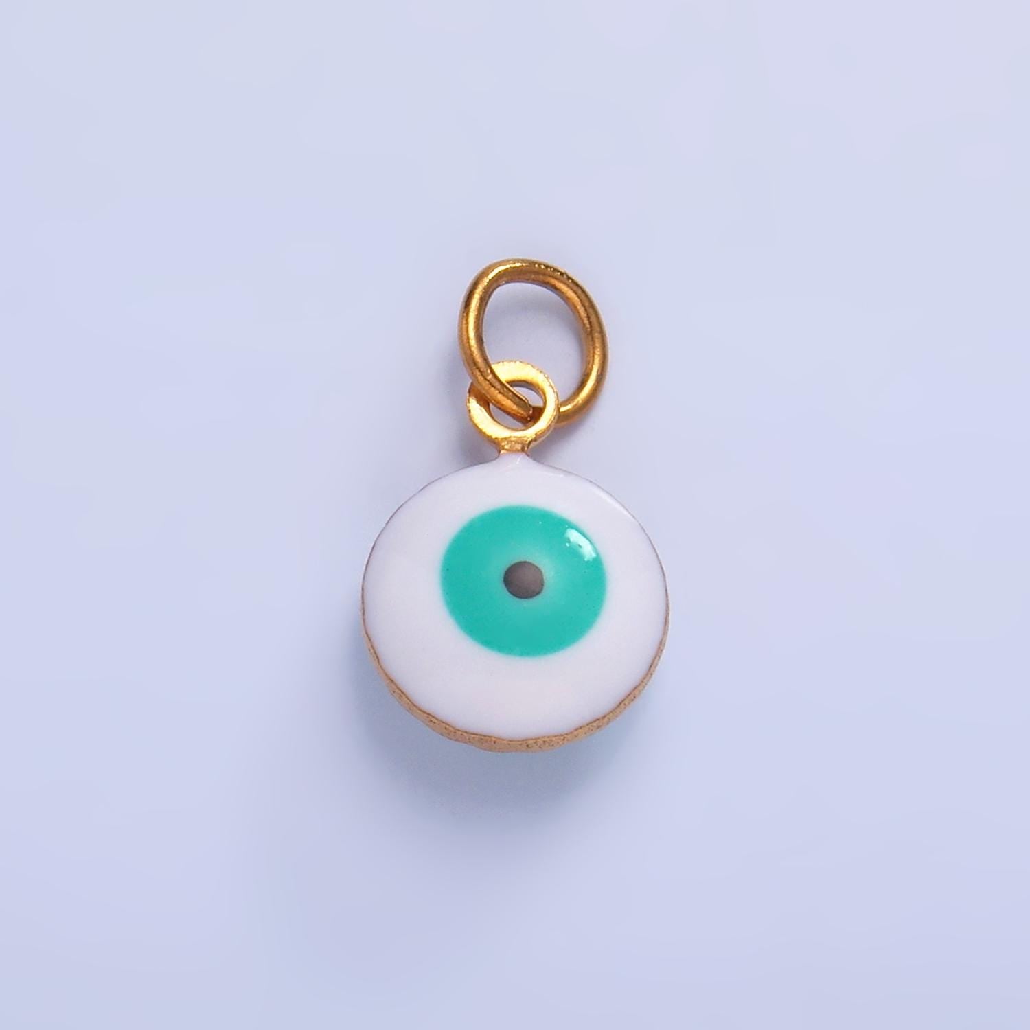 Double Sided Gold Stainless Steel white, blue evil eye enamel 8mm round charm | P729