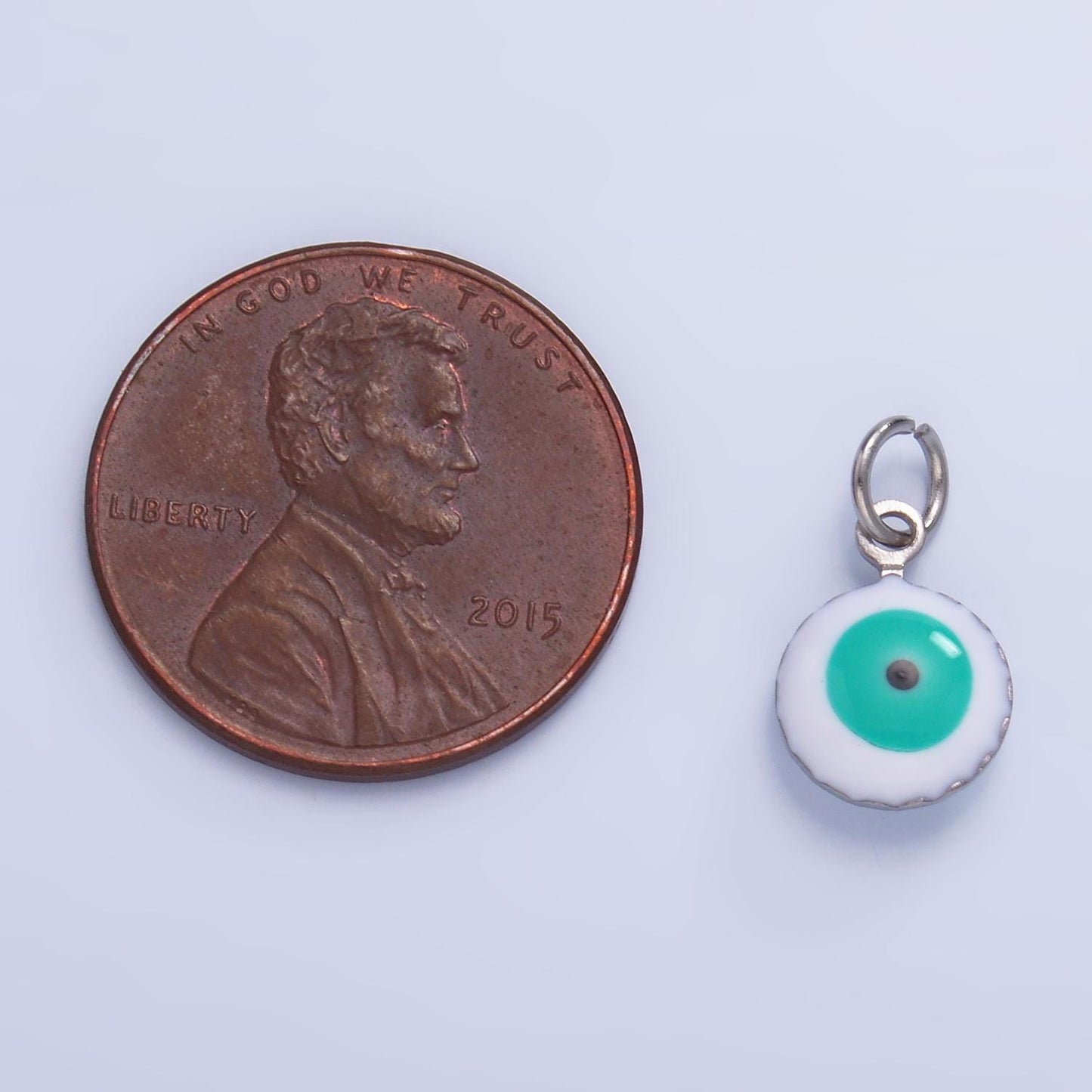 Double Sided Gold Stainless Steel white, blue evil eye enamel 8mm round charm | P729