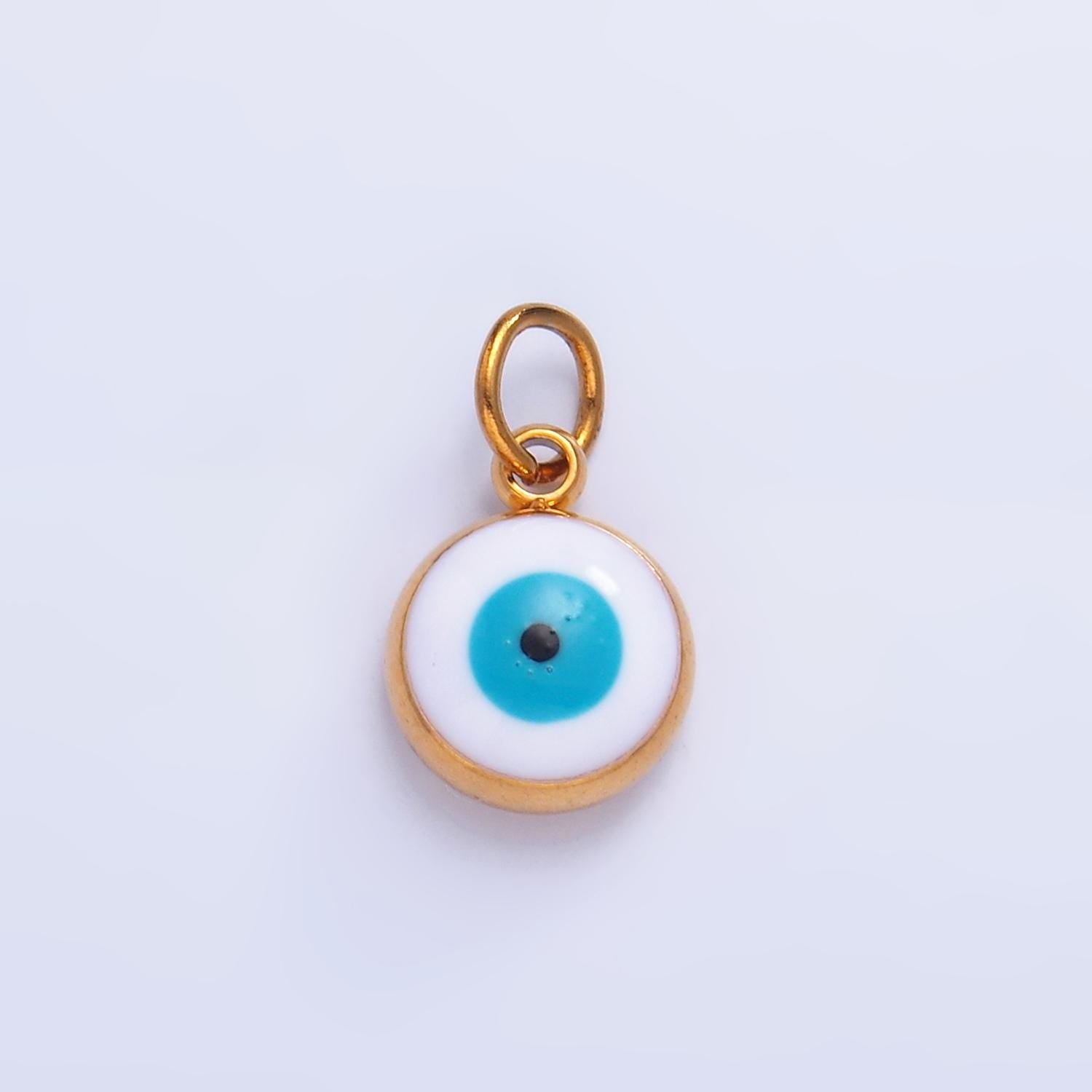 PVD Gold Plate Stainless Steel white, blue evil eye enamel 8mm round charm | P727