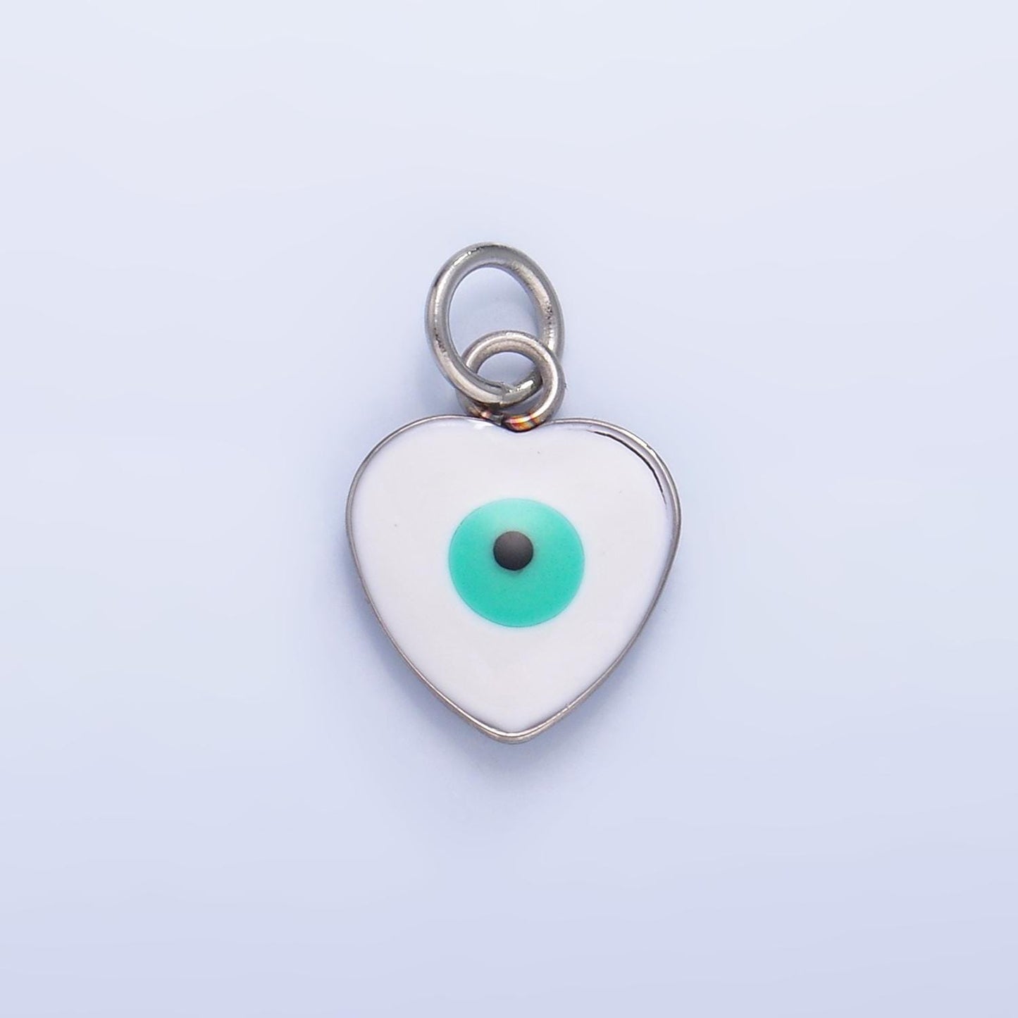 PVD Gold Plate Stainless Steel white, blue evil eye enamel 8mm Heart charm | P733