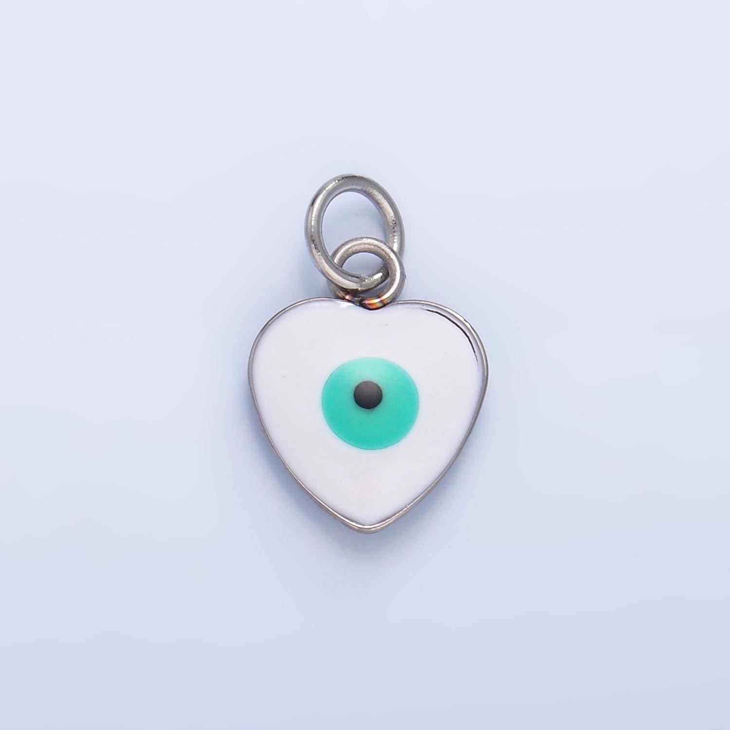 PVD Gold Plate Stainless Steel white, blue evil eye enamel 8mm Heart charm | P733