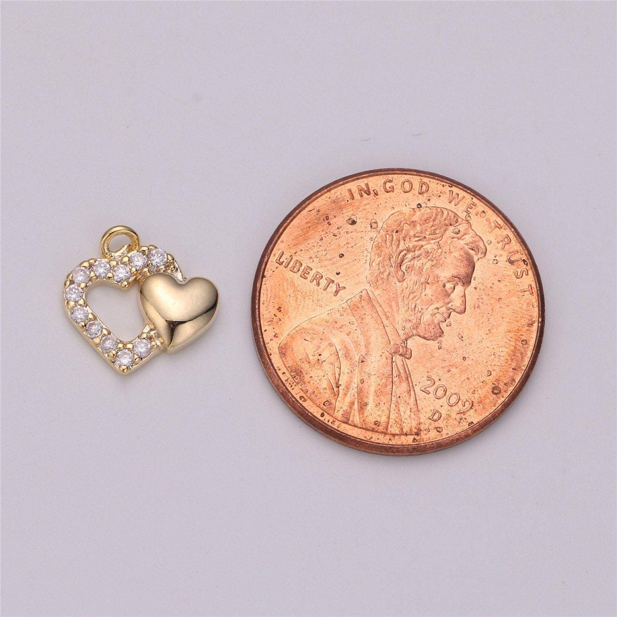 18k Gold Filled Dual Heart Pendant, Two Hearts Charm, Gold Heart Charm Micro Pave Charm C-528