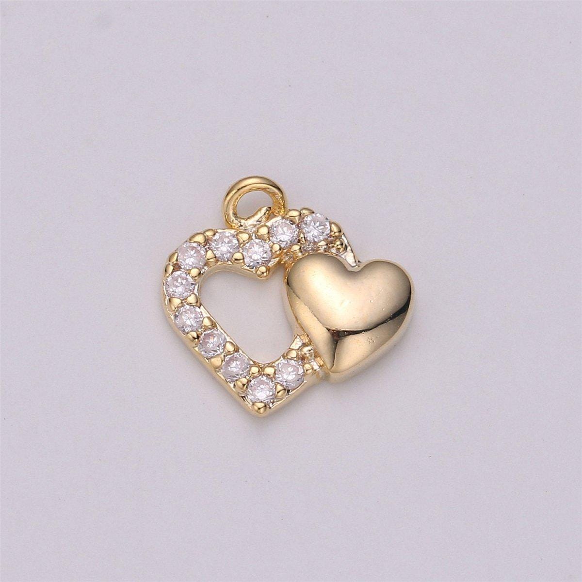 18k Gold Filled Dual Heart Pendant, Two Hearts Charm, Gold Heart Charm Micro Pave Charm C-528