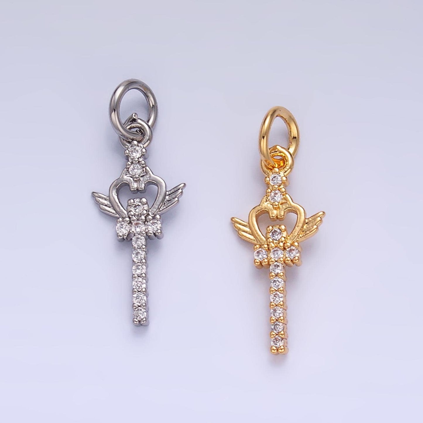 24K Gold Filled Micro Paved CZ Heart Stick Charm in Gold & Silver Moon Sword | W810