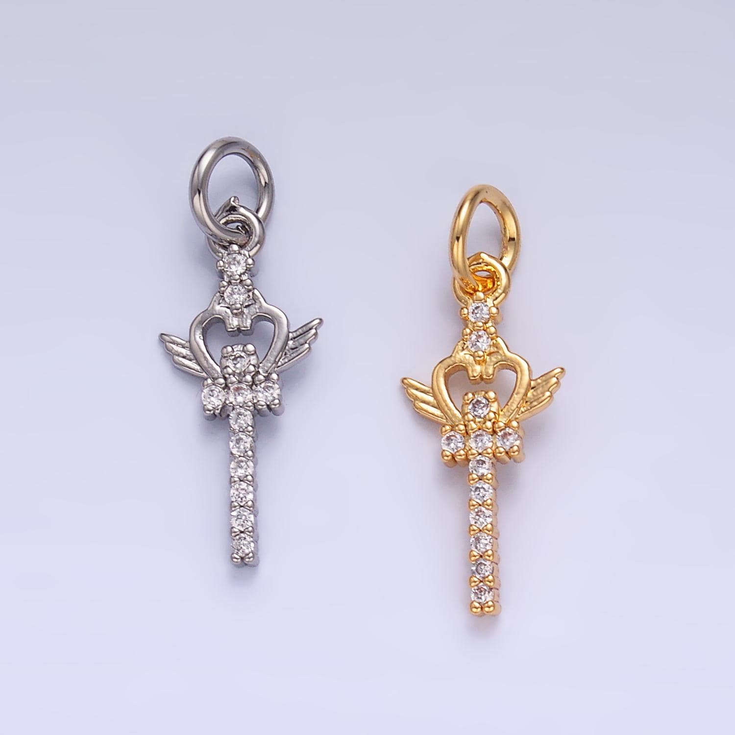24K Gold Filled Micro Paved CZ Heart Stick Charm in Gold & Silver Moon Sword | W810