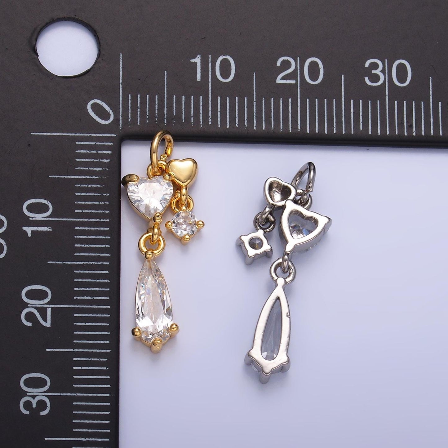 24K Gold Filled Heart Teardrop CZ Drop Charm in Gold & Silver | W816