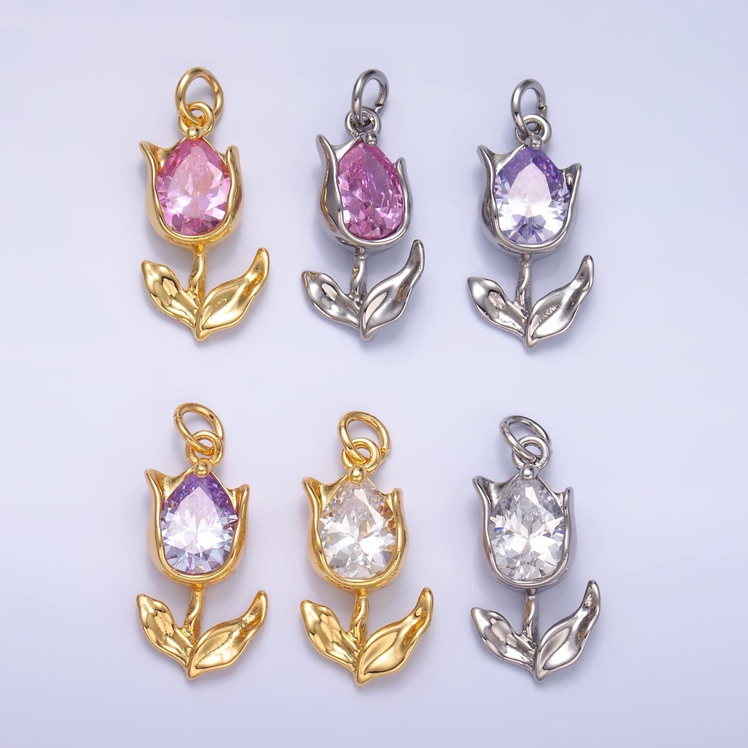 Mini 24K Gold Filled Tulip Charm Cubic Flower harms Dainty Silver Floral Charm for Bracelet Necklace Minimalist Jewelry Supply W820