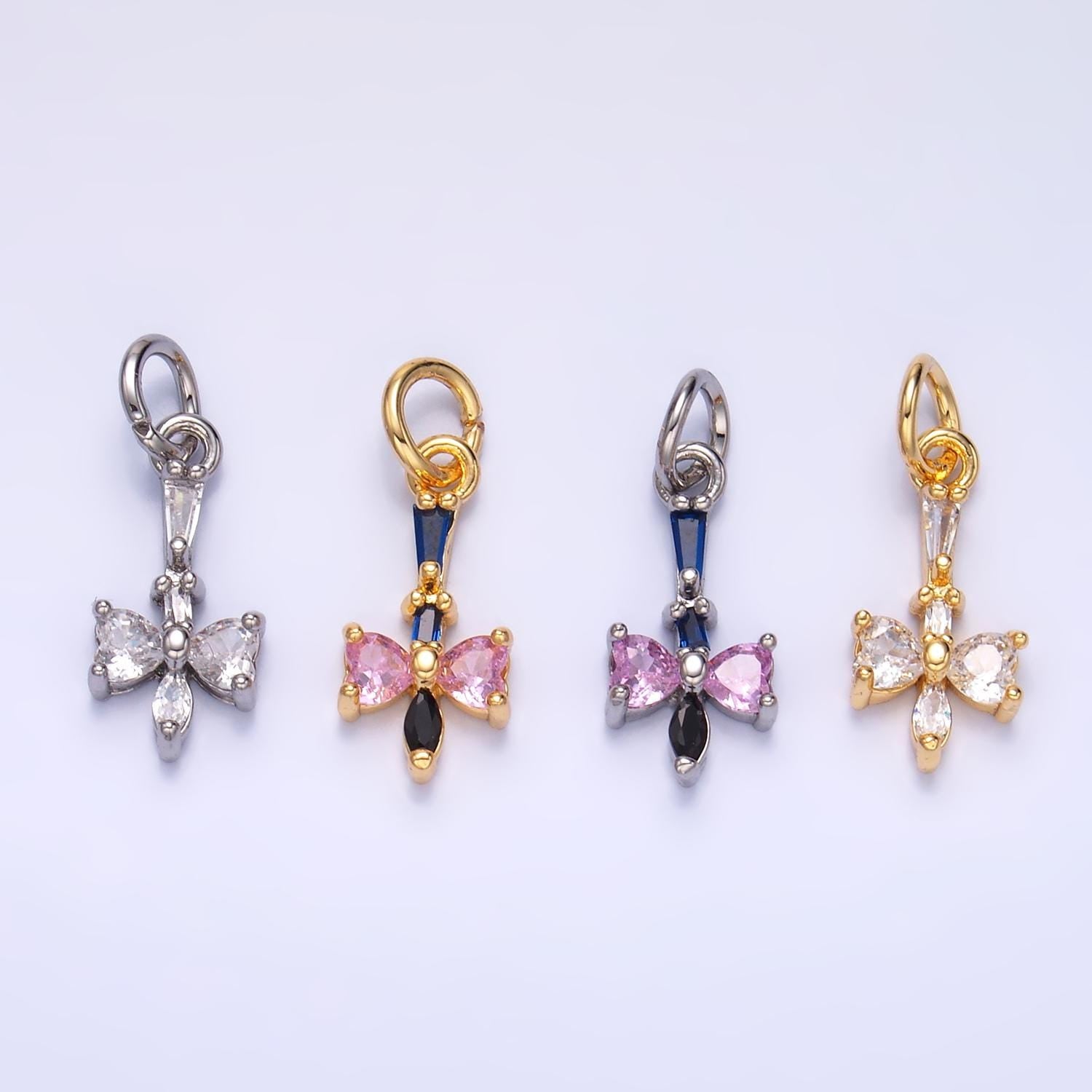 Mini 24K Gold Filled Bow Charm Cubic Pink Mini Ribbon charms Dainty Silver Drop Charm for Bracelet Necklace Minimalist Jewelry Supply W817