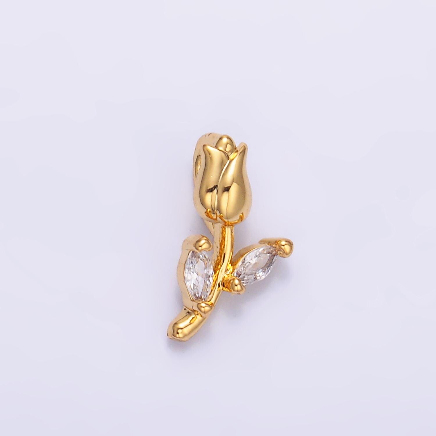 Tiny 24K Gold Filled Clear CZ Curved Rose Flower Nature Charm | AA1447