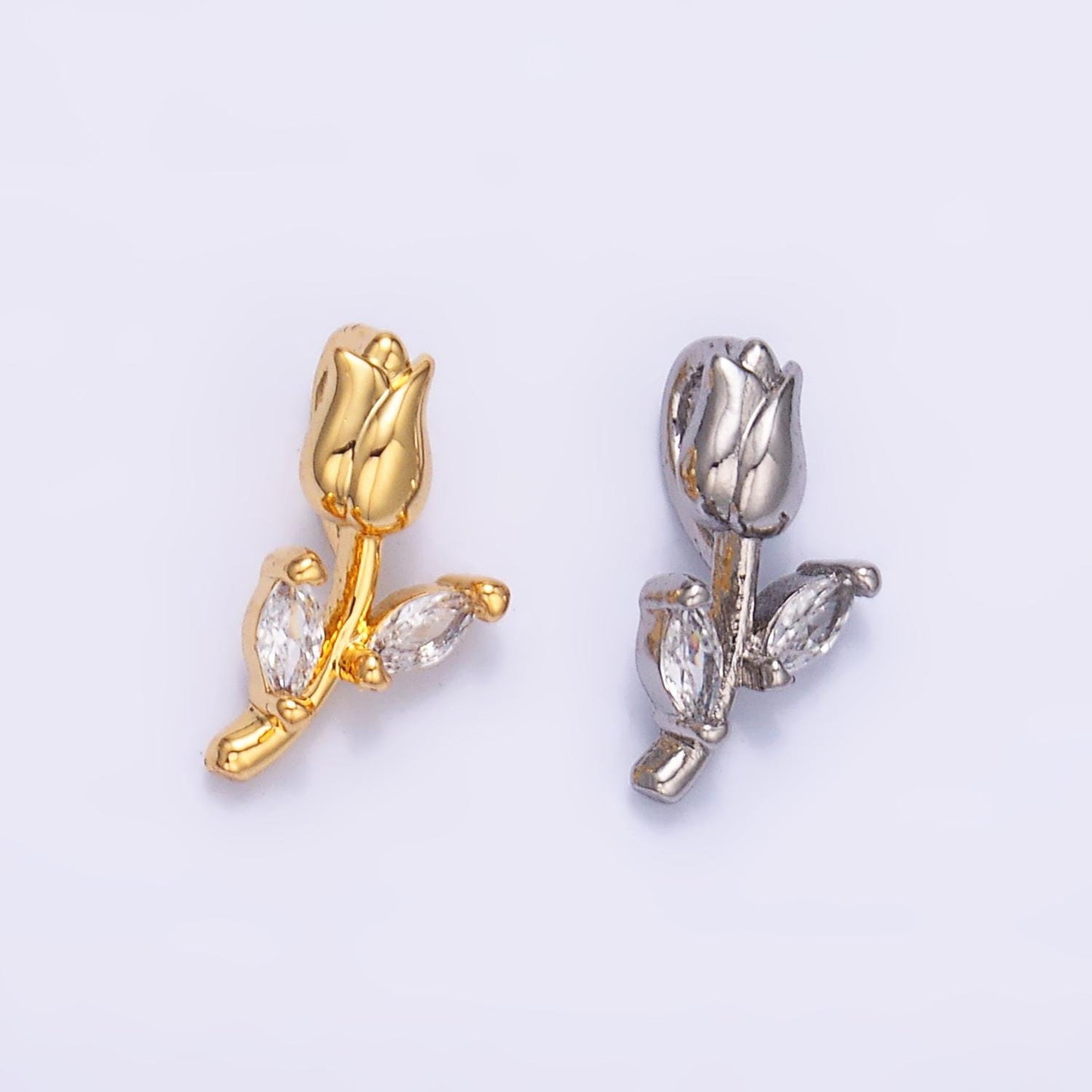 Tiny 24K Gold Filled Clear CZ Curved Rose Flower Nature Charm | AA1447