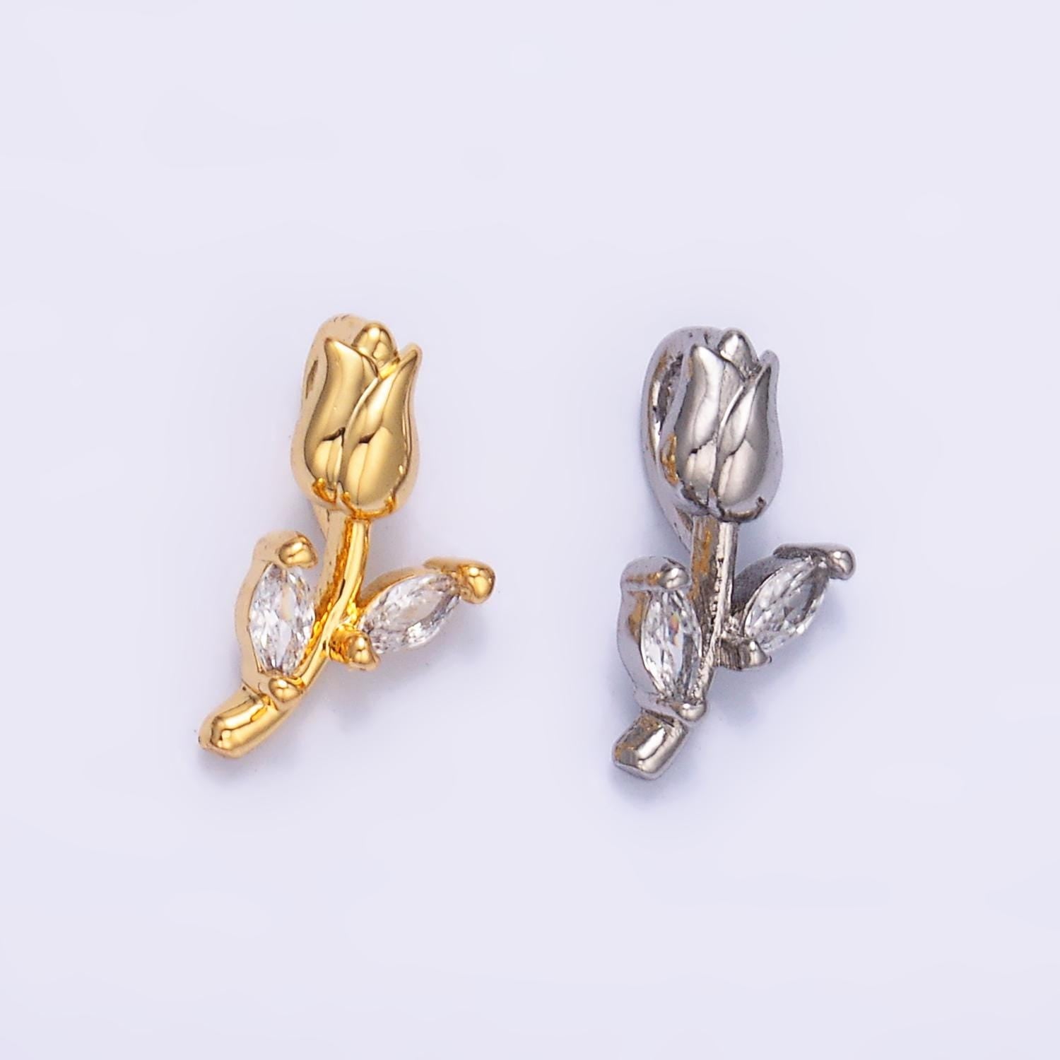 Tiny 24K Gold Filled Clear CZ Curved Rose Flower Nature Charm | AA1447