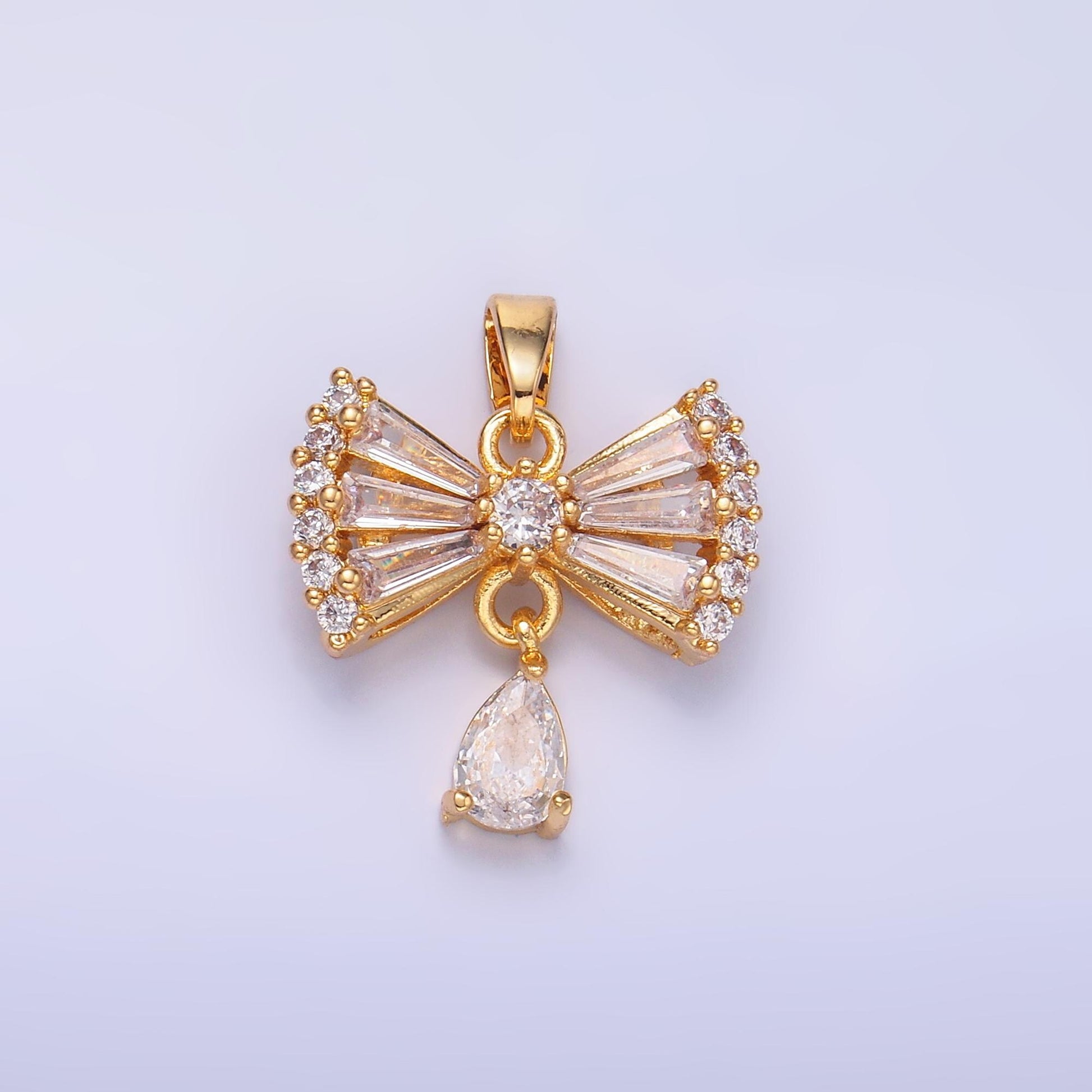 24K Gold Filled Clear CZ Ribbon Bow Drop Charm in Gold | AA1436